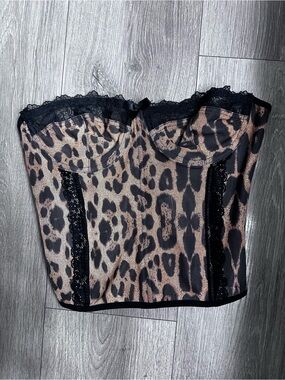 ROMWE Leopard Print Lace Bustier Top in Brown and Black